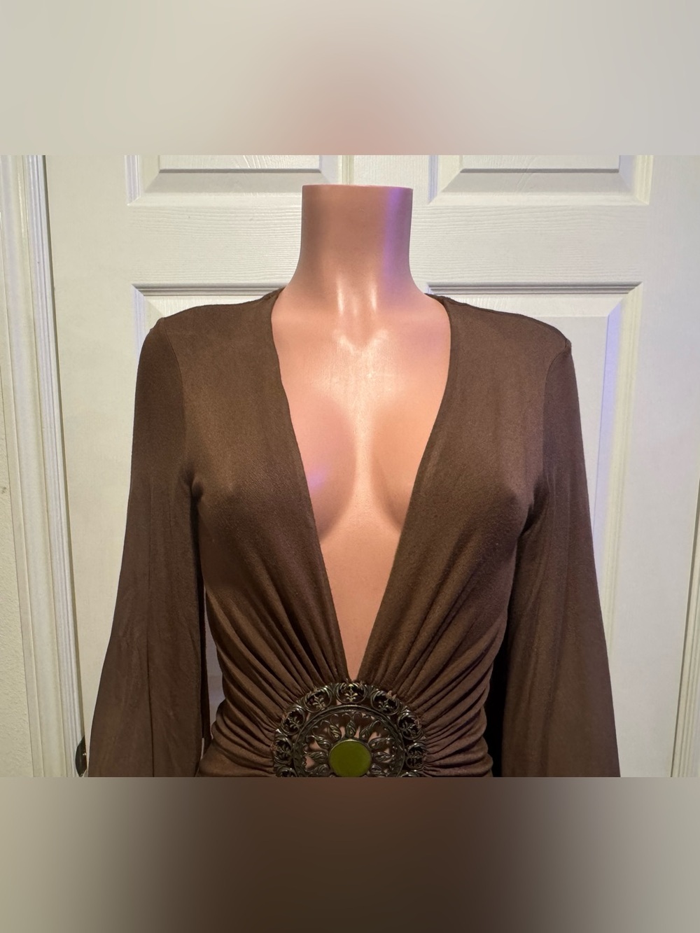 Sky Brand Brown Deep V-Neck Mini Dress with Decorative Waist Accent Sz S - Picture 4 of 11